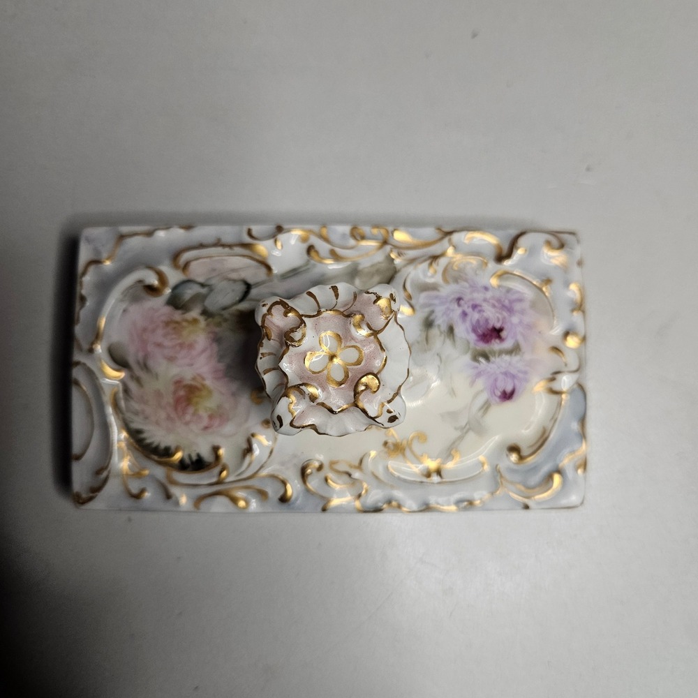 Antique T&V Limoges France Porcelain Ink Blotter Floral Gold Gilt Hand Painted